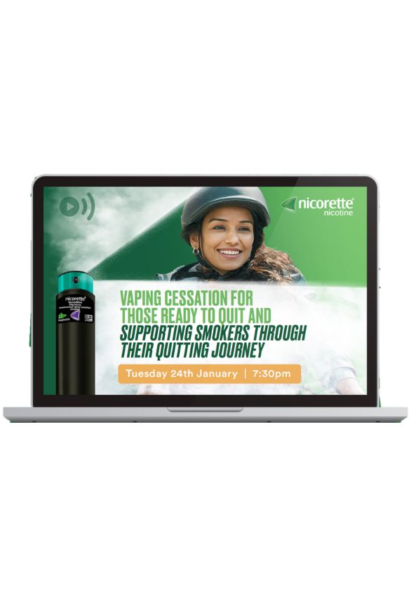 Shows Nicorette QuickMist Mouthspray advert on a laptop screen.